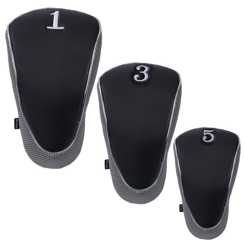 Andux Golf Club Driver Wood Head Covers with Hook & Loop Set of 3 Black/Grey - Image 2